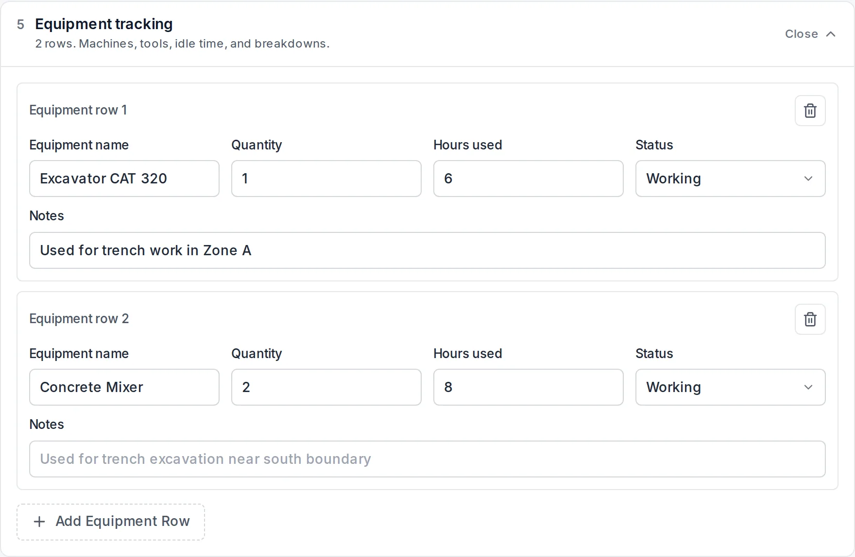 Equipment section: equipment name, hours used, notes