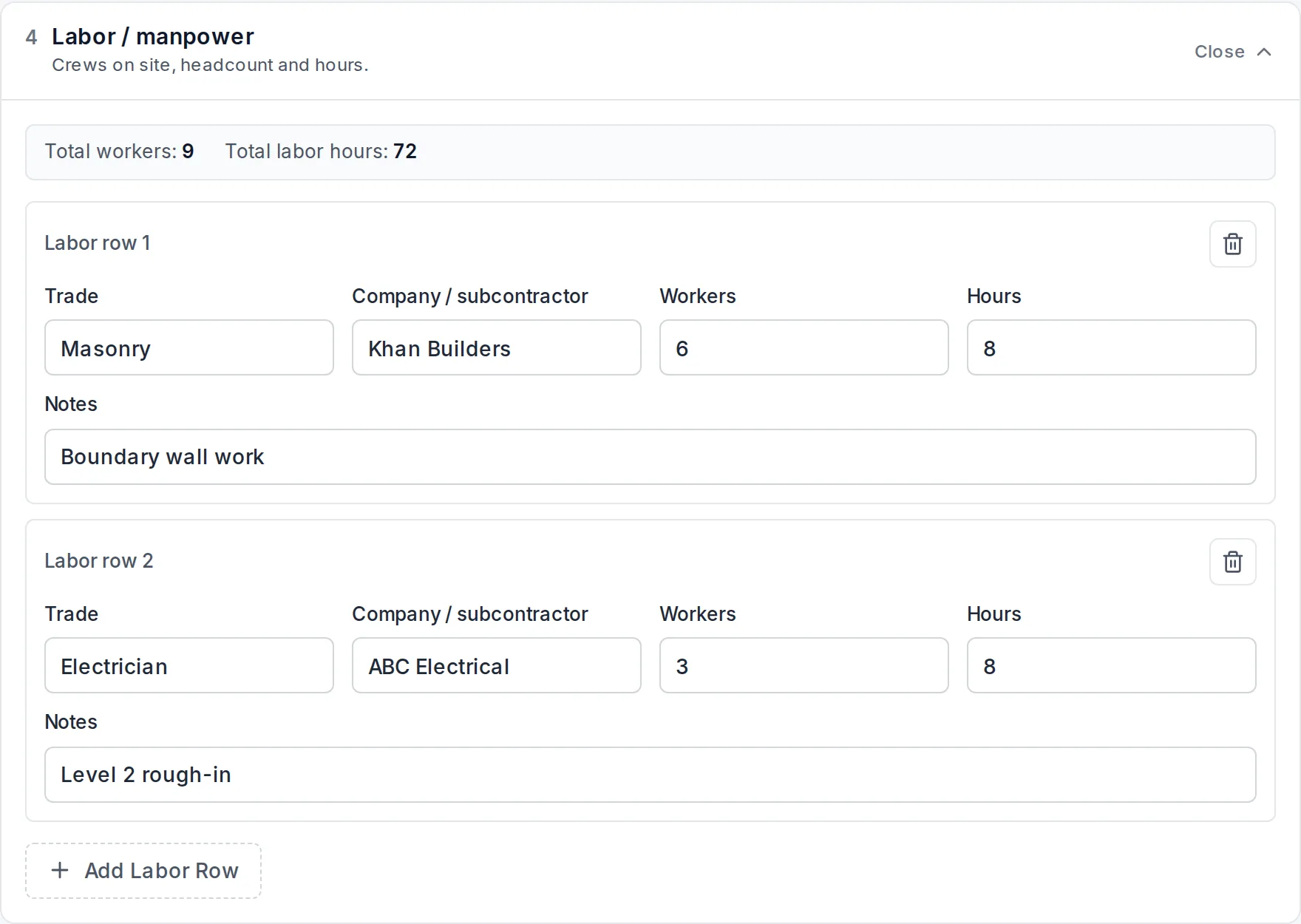 Labor section with trade, company, workers, hours and notes rows
