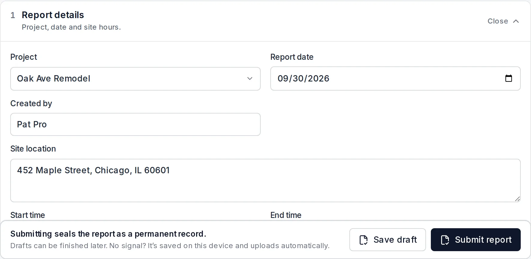 Report details section: project, report date, work hours, site location