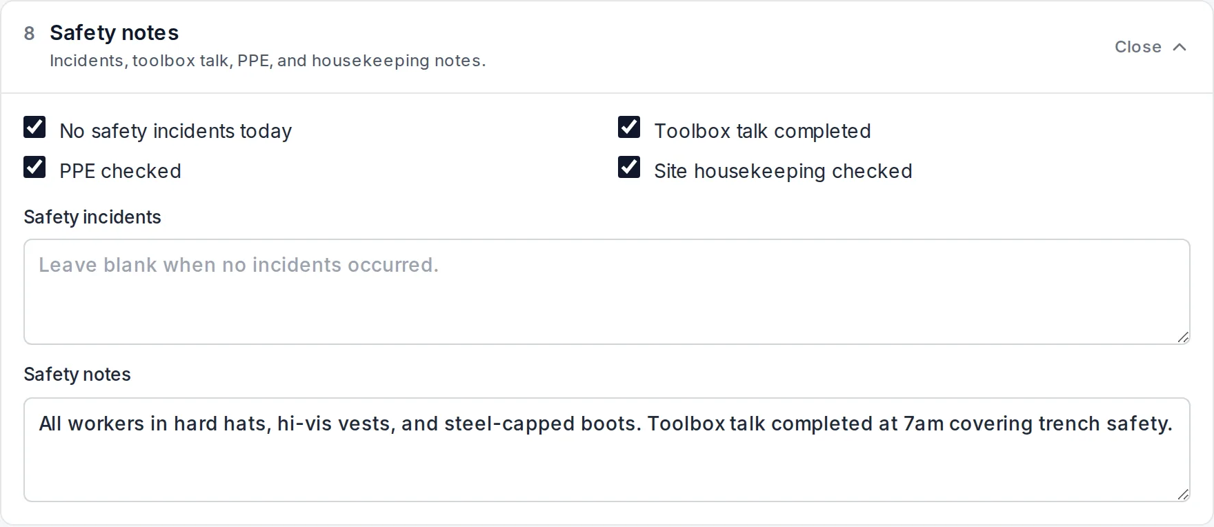 Safety notes section of the daily report form