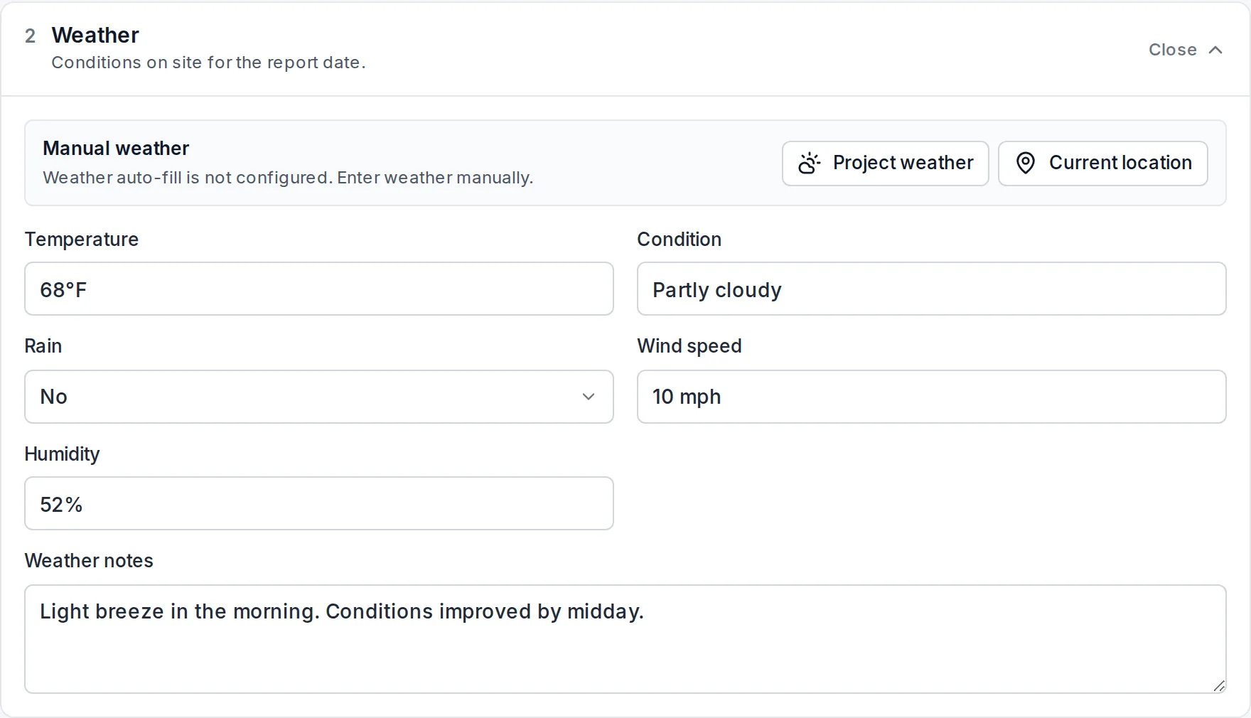 Weather section with temperature, conditions, wind, humidity and a weather notes field