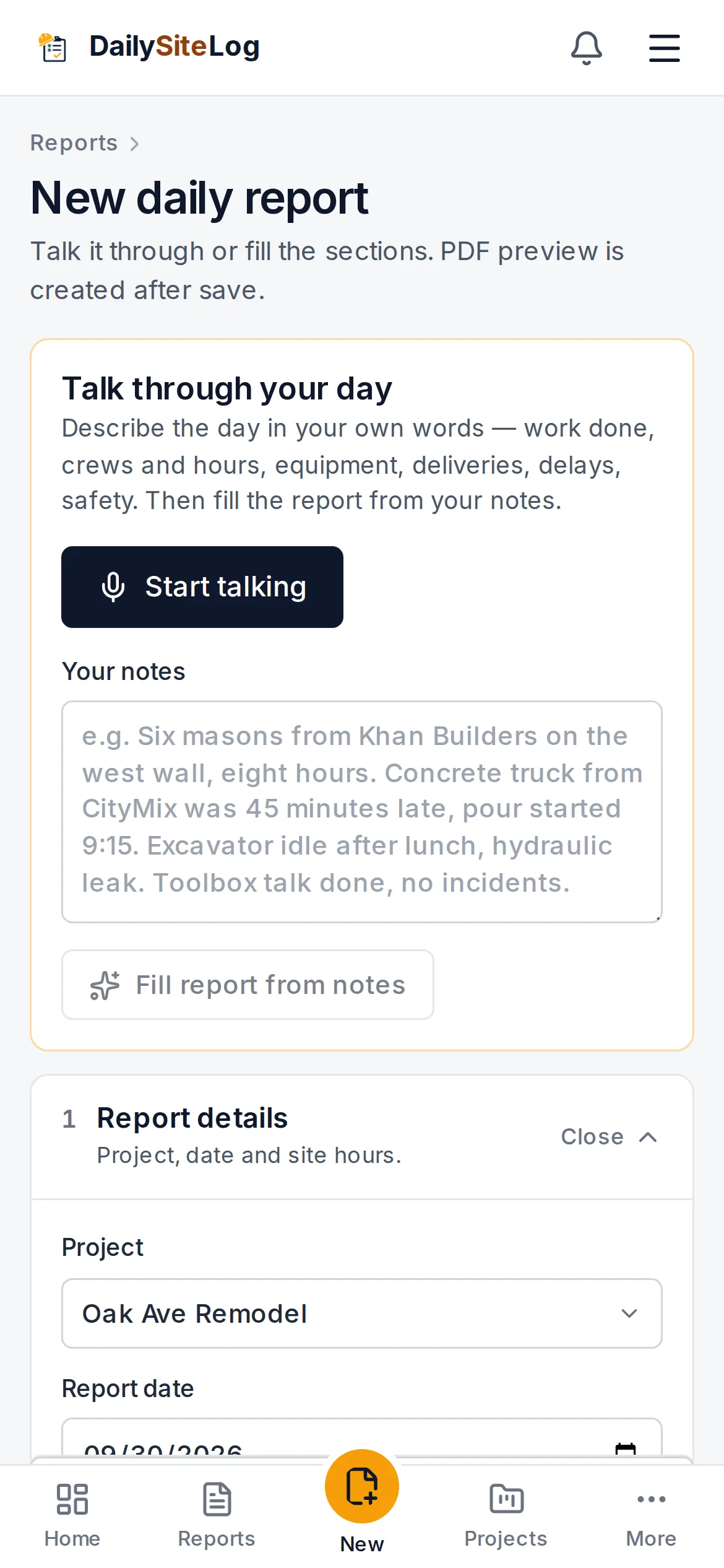 Daily Site Log new report screen on a phone