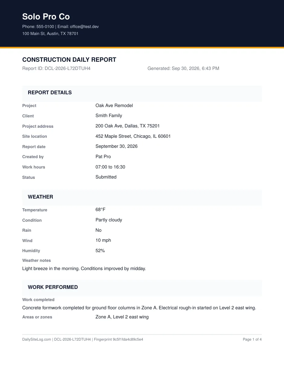 Page one of a finished construction daily report: header with company details, report details, weather and work performed