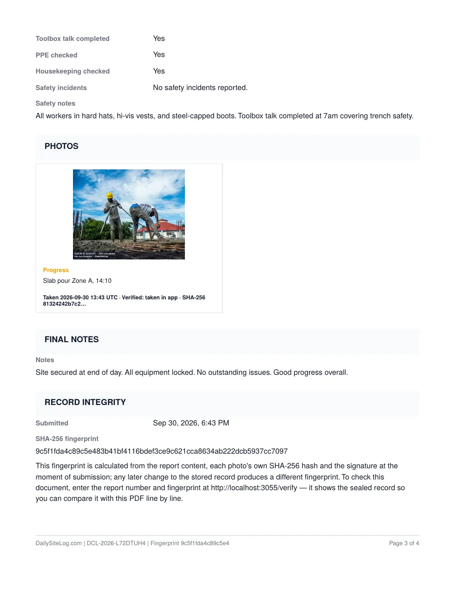 Construction daily report PDF page 3: delays and issues, safety notes, photos with captions