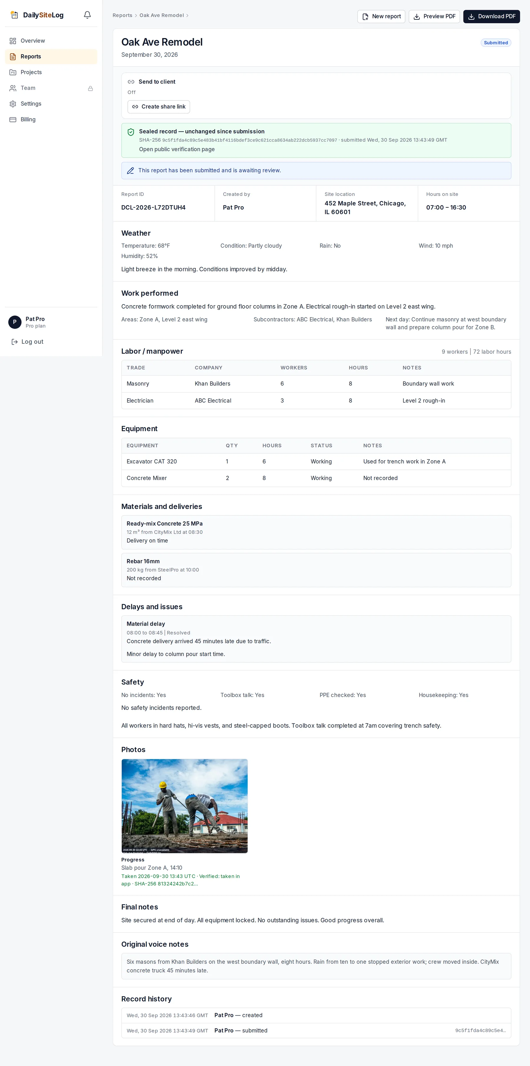 Submitted daily report view showing status, seal and the PDF download