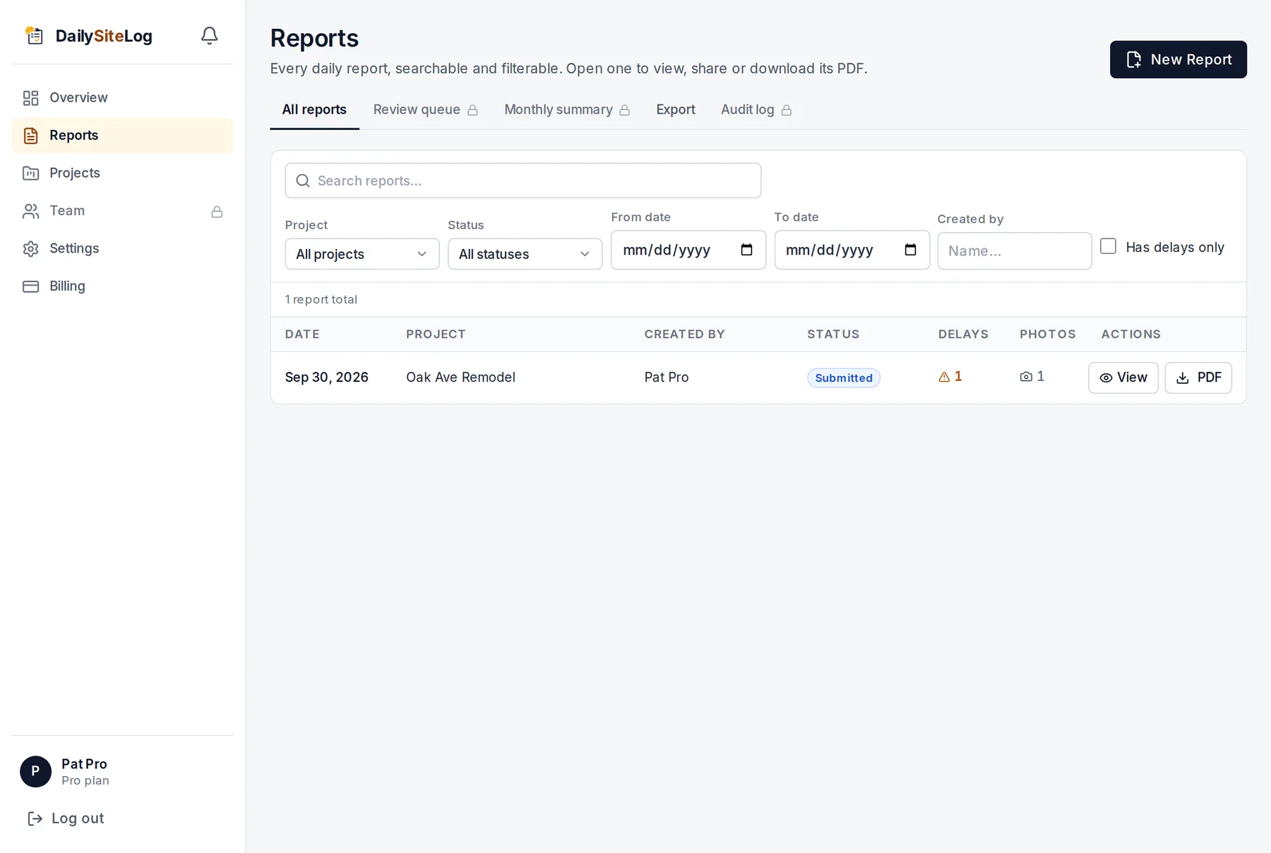 Daily reports list in Daily Site Log